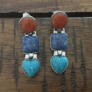 Vintage Carolyn Pollack Sterling Hinge Turquoise Lapis Coral Earrings